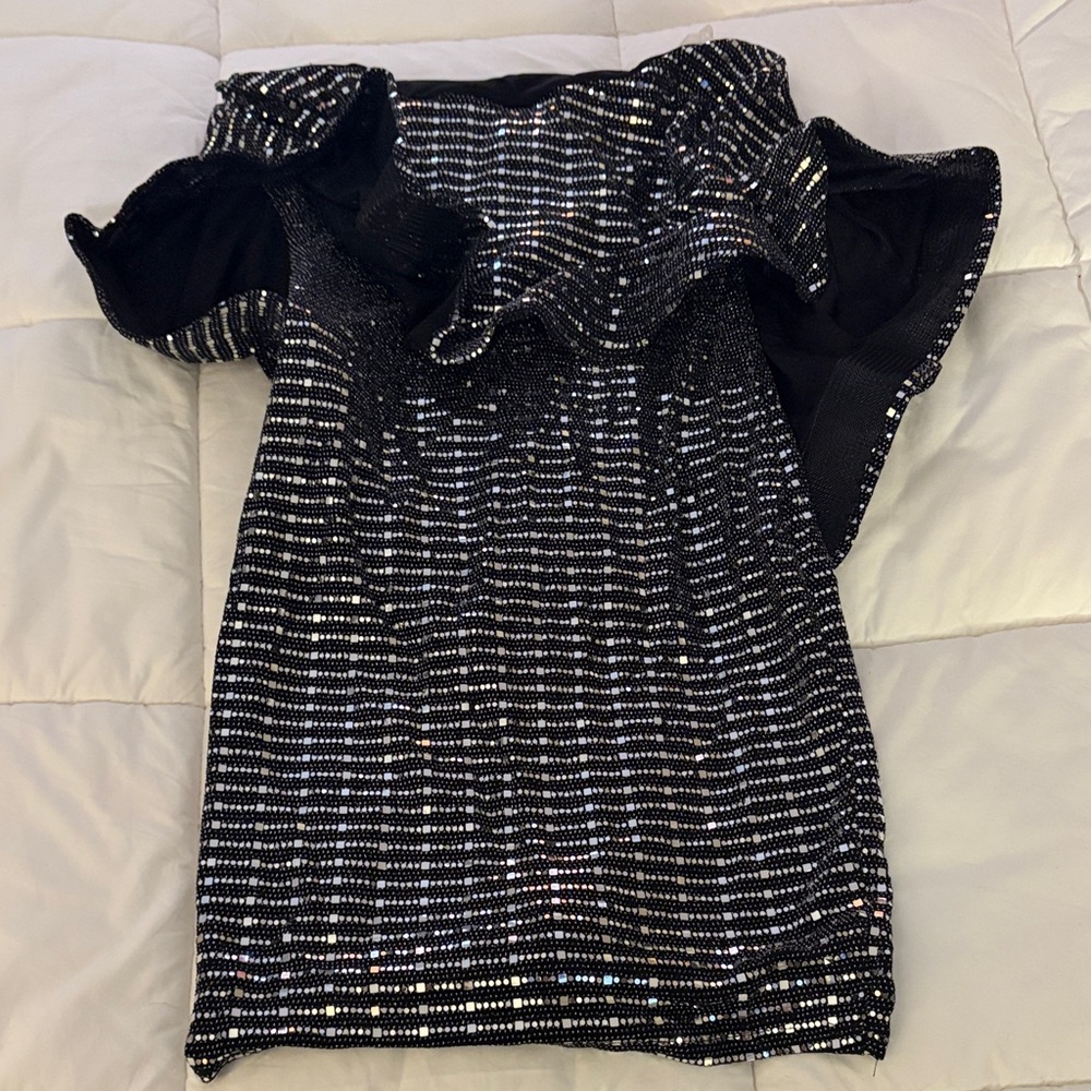 monaco Black Sequin Ruffled Mini Dress